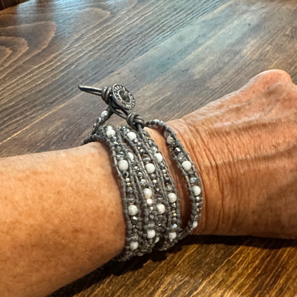 Elegant Gray and White Beaded Wrap Bracelet
